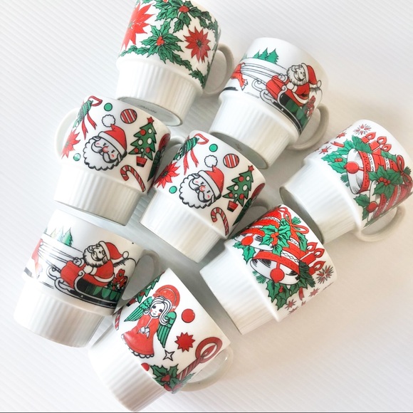 SOLD**Vintage Mid Century 50s 60s Christmas Stacking Cups Mugs Set of 8 - Picture 4 of 16